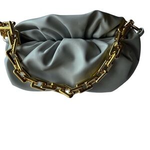 Women Elegant Pouch Cloud Gray and Gold Shoulder Bag with Luxurious Chain